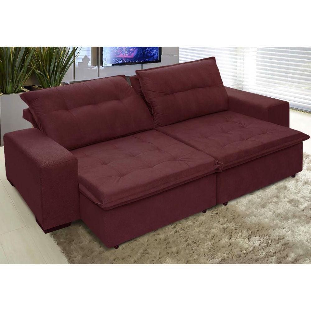 Sofá Austrália 2,32 Mts Retrátil e Reclinavel Tecido Suede Pluma Vinho - Moveis Marfim