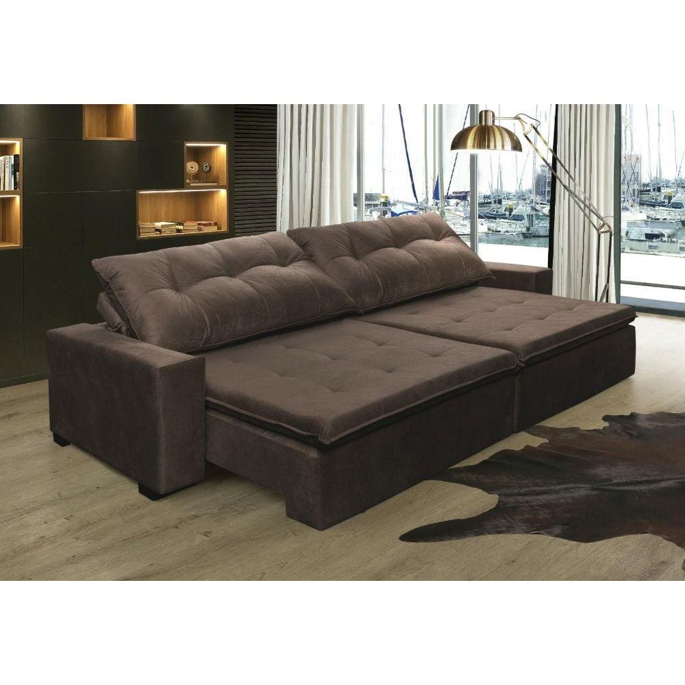 Sofá Retrátil e Reclinável Oklahoma 3,02 Mts Com Molas Tecido Suede Café - Moveis Marfim