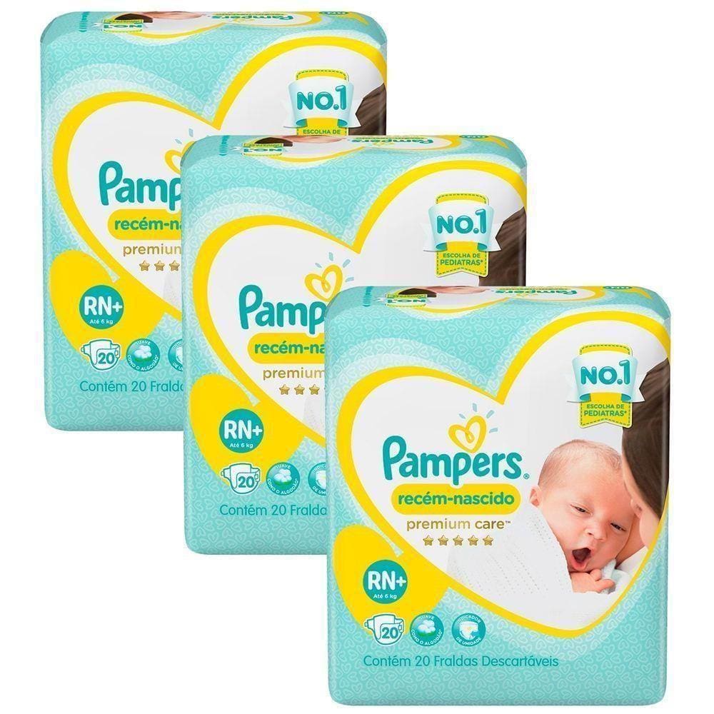 Kit Fralda Pampers Premium Care Recém Nascido Plus com 60 unidades - 3 à 6Kg