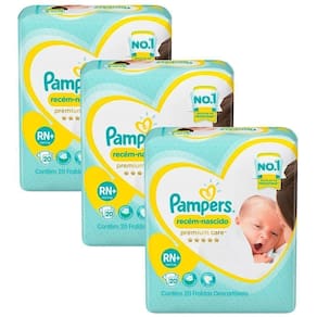 Kit Fralda Pampers Premium Care Recém Nascido Plus com 60 unidades - 3 à 6Kg