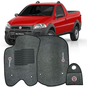 Jogo Tapete Carpete + Lixeira Fiat Strada Cab. Simples 2013 à 2019 Soft Logo Bordado Grafite 3 Peças