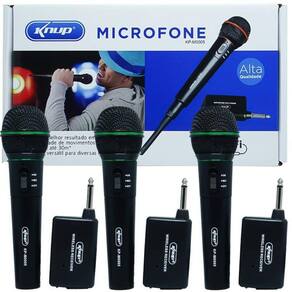 Kit 3 Microfones sem Fio Profissional Wireless P10 para Karaokê e Caixa de Som Knup KP-M0005 Preto