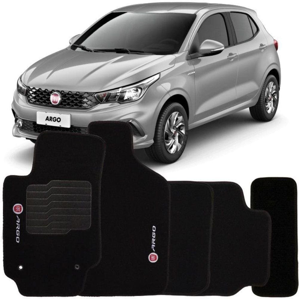 Jogo de Tapete Automotivo Carpete Fiat Argo 2017 à 2019 Soft Logo Bordado Preto 5 Peças