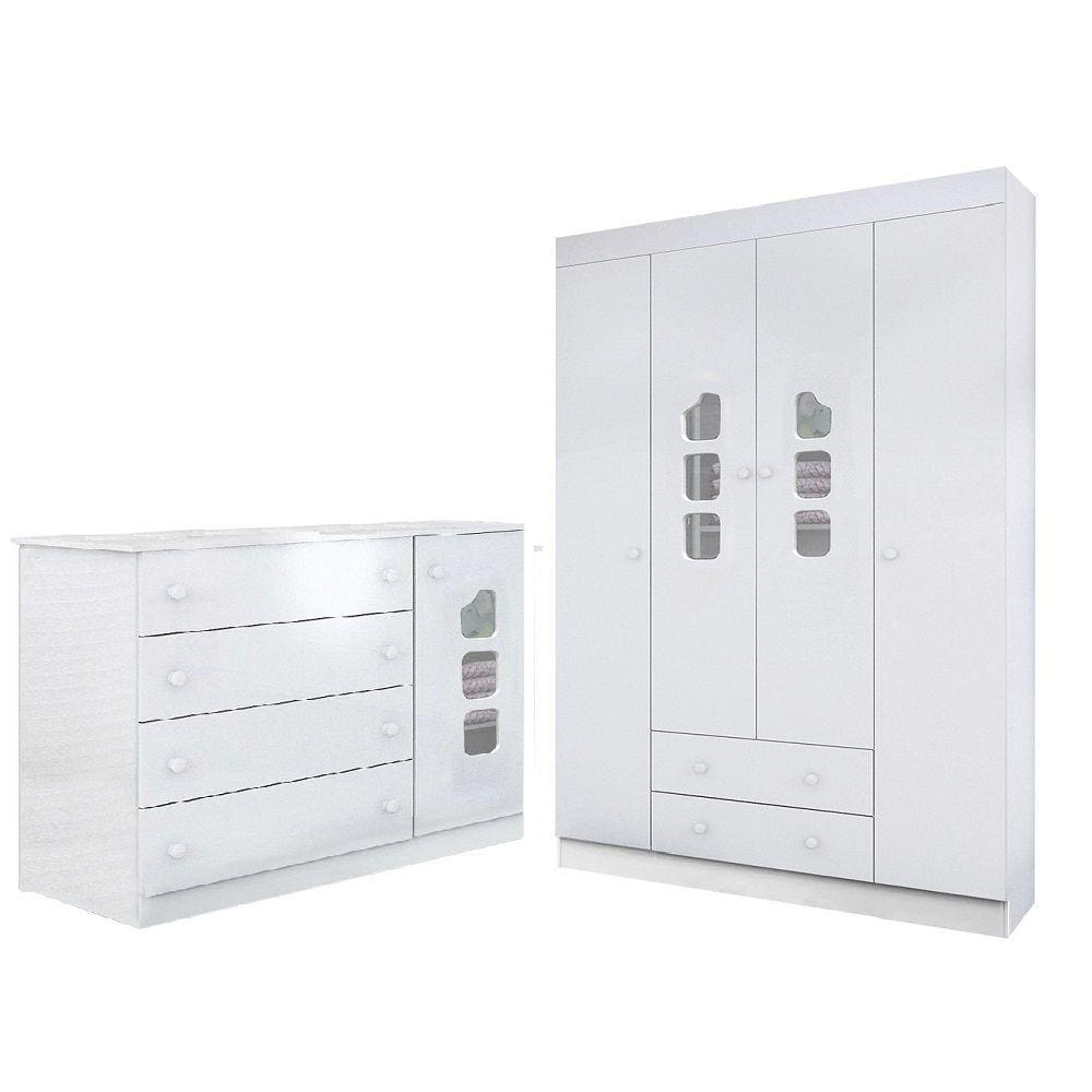 Guarda Roupa 4 Portas + Cômoda 4 Gavetas Livia Branco - Phoenix Baby - 