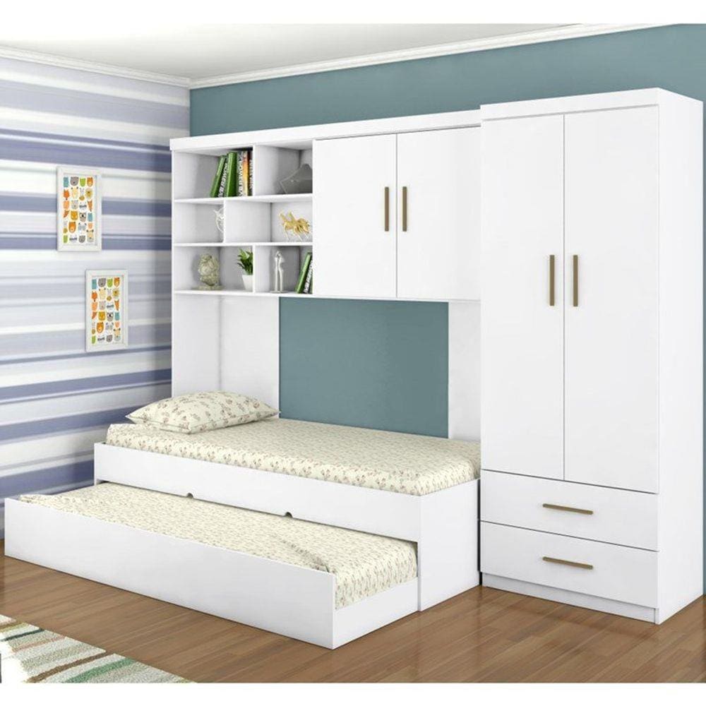Quarto Infantil Chiara Guarda Roupa e Aéreo 2 Portas com Cama e Auxiliar Branco - Phoenix
