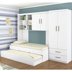Quarto Infantil Chiara Guarda Roupa e Aéreo 2 Portas com Cama e Auxiliar Branco - Phoenix