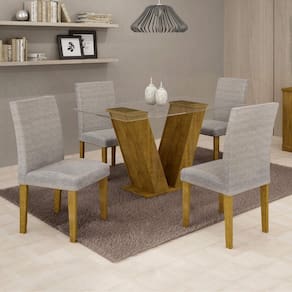 Conjunto Sala de Jantar Mesa Tampo de Vidro e 4 Cadeiras Classic Cel Móveis Ypê/Suede Cinza 90