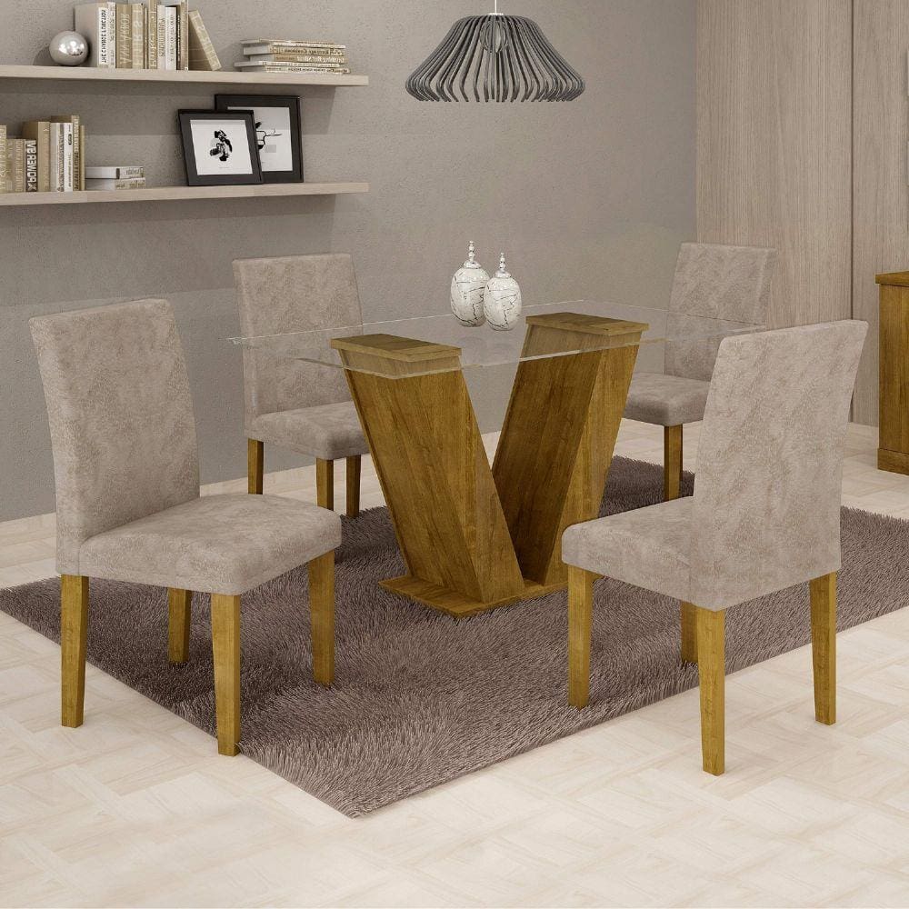 Conjunto Sala de Jantar Mesa Tampo de Vidro e 4 Cadeiras Classic Cel Móveis Ypê/Pena 84