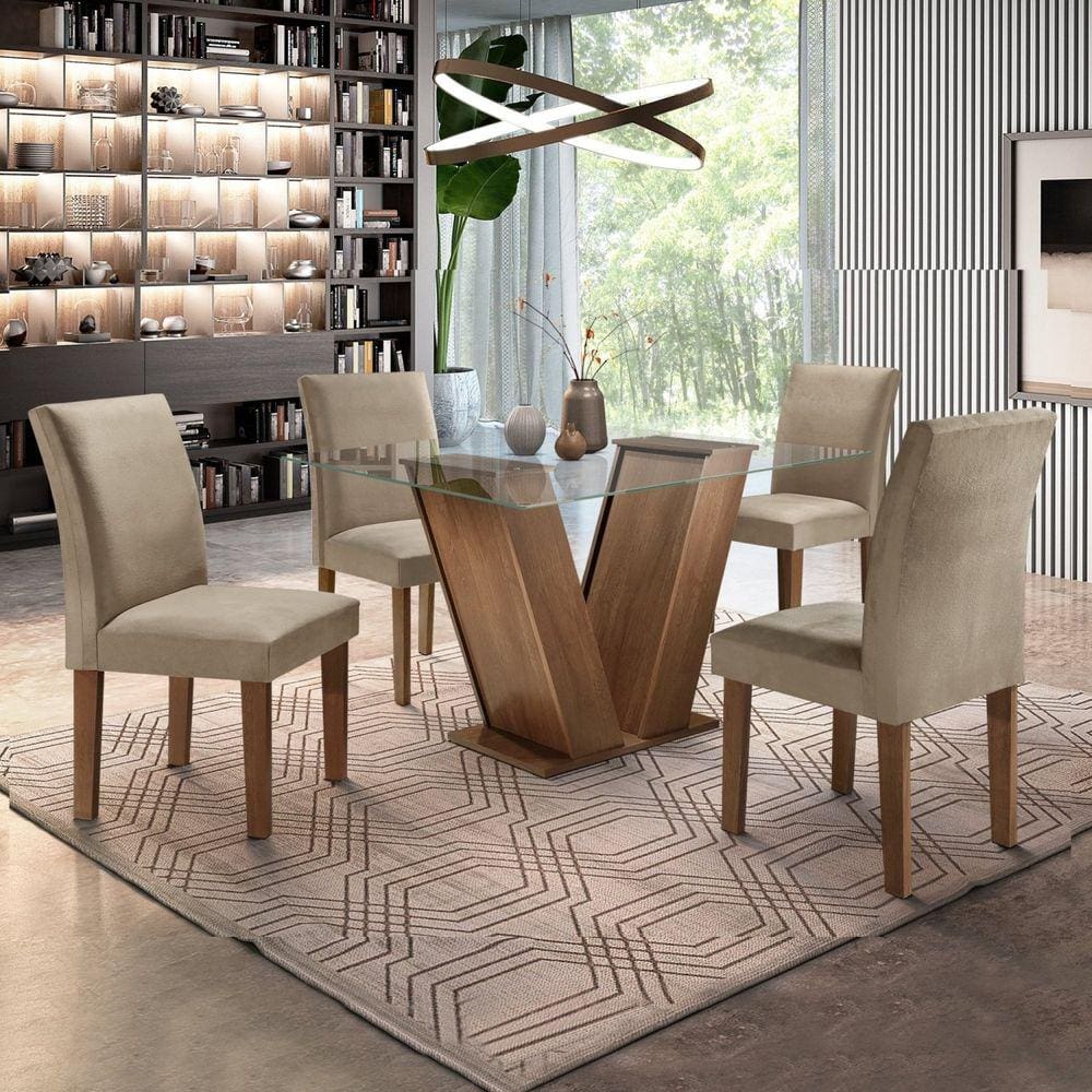 Conjunto Sala de Jantar Mesa Tampo de Vidro e 4 Cadeiras Classic Cel Móveis Chocolate/Pena 84