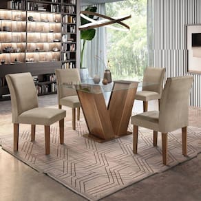 Conjunto Sala de Jantar Mesa Tampo de Vidro e 4 Cadeiras Classic Cel Móveis Chocolate/Pena 84