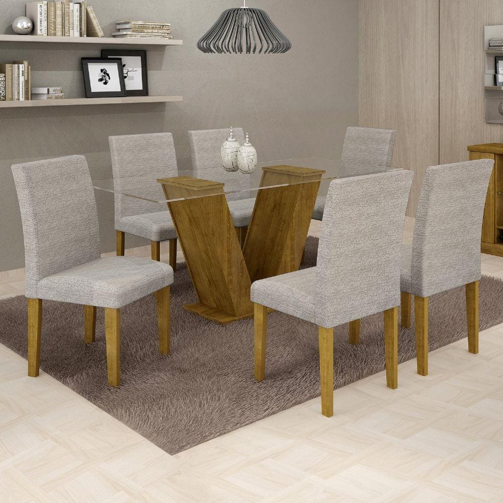 Conjunto Sala de Jantar Mesa Tampo de Vidro 6 Cadeiras Classic Cel Móveis Ypê/Suede Cinza 90