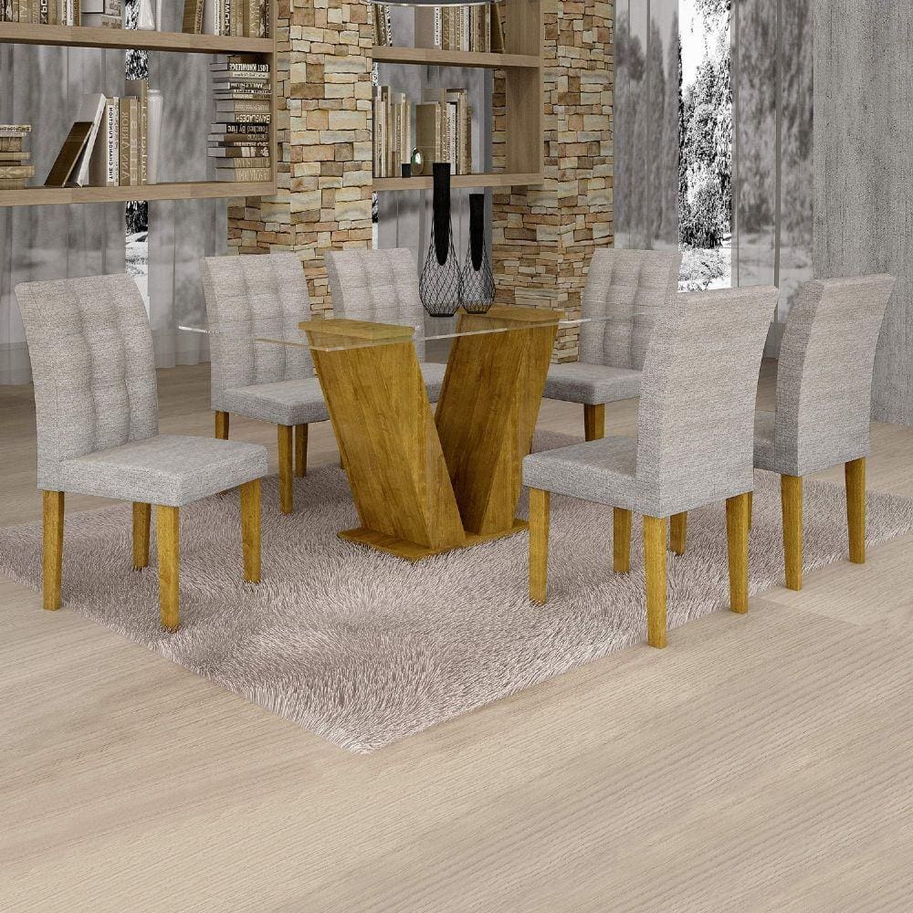 Conjunto Sala de Jantar Mesa Classic Tampo de Vidro 6 Cadeiras Vitória Cel Móveis Ypê/Suede Cinza 90