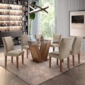Conjunto Sala de Jantar Mesa Tampo de Vidro 6 Cadeiras Classic Cel Móveis Chocolate/Pena 84