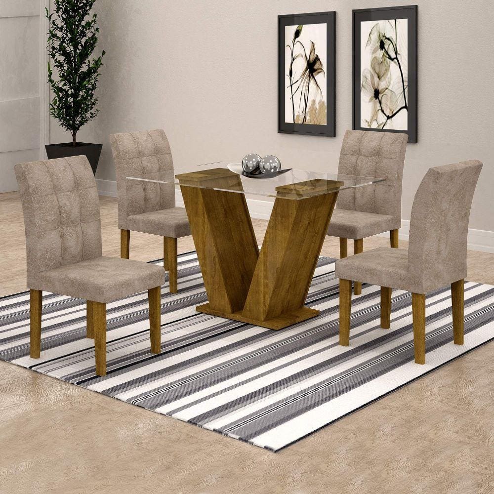 Conjunto Sala de Jantar Mesa Classic Tampo de Vidro 4 Cadeiras Vitória Cel Móveis Ypê/Pena 84