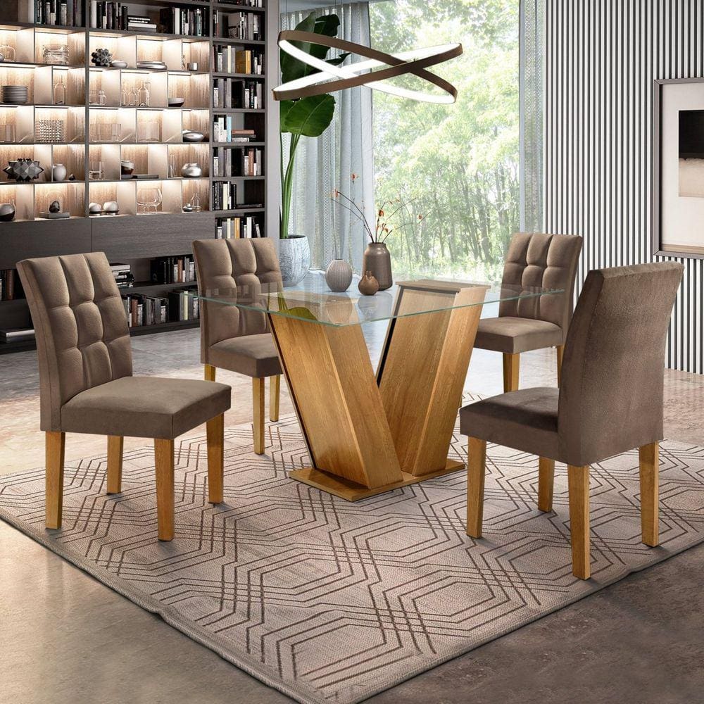Conjunto Sala de Jantar Mesa Classic Tampo de Vidro 4 Cadeiras Vitória Cel Móveis Ypê/Animale Marrom 52
