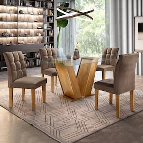 Conjunto Sala de Jantar Mesa Classic Tampo de Vidro 4 Cadeiras Vitória Cel Móveis Ypê/Animale Marrom 52
