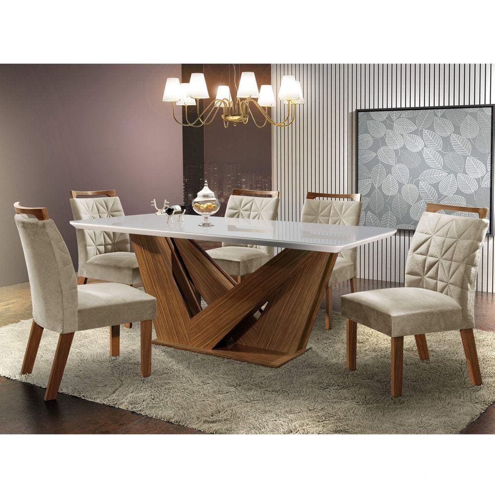 Conjunto Sala de jantar mesa Cronos off white em mdf 8 Cadeira