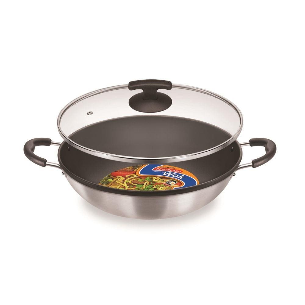 Wok antiaderente com alças e tampa 30 cm - escovado