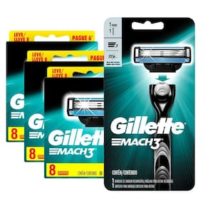 Kit com 24 Carga Gillette Mach3 Leve 8 Pague 6 + 1 Aparelho de Barbear Gillette Mach3
