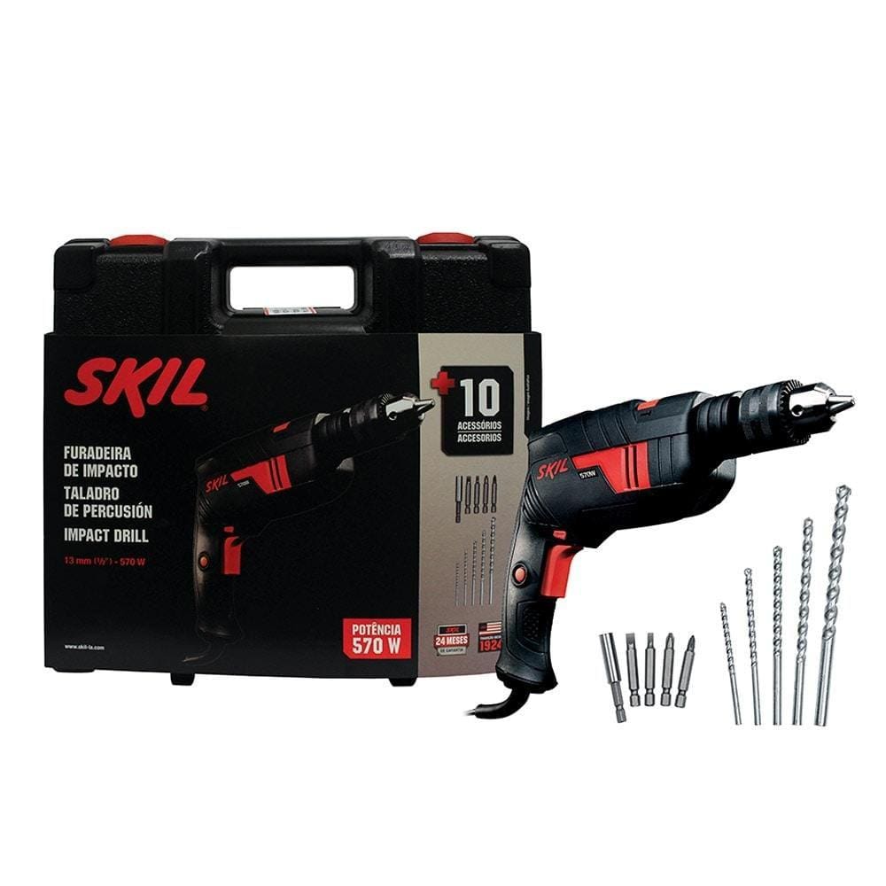 Furadeira de Impacto Skil 1/2 6555 com Maleta, 10 Acessorios, 570W, Preto/Vermelho - 220V