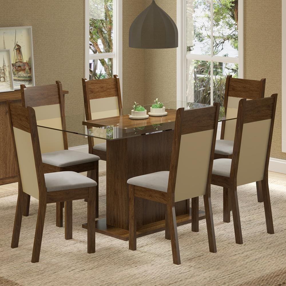 Conjunto Sala de Jantar Madesa Atlanta Mesa Tampo de Vidro com 6 Cadeiras