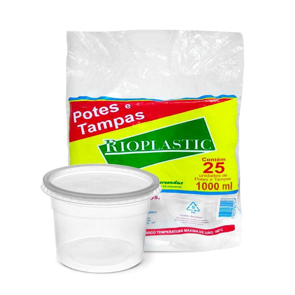Pote de Plástico Descartável com Tampa 1000ml 25 Unidades