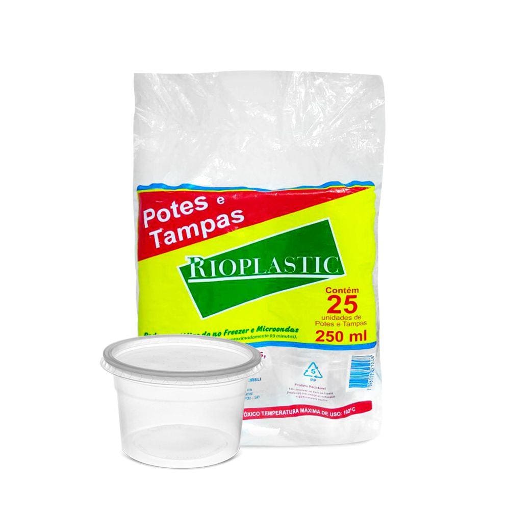 Pote de Plástico Descartável com Tampa 250ml 25 Unidades