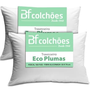 Kit 2 Travesseiro Antialérgico Percal 180 Fios Ecoplumas Fibra Siliconada Macio Lavável 50x70x14cm BF Colchões