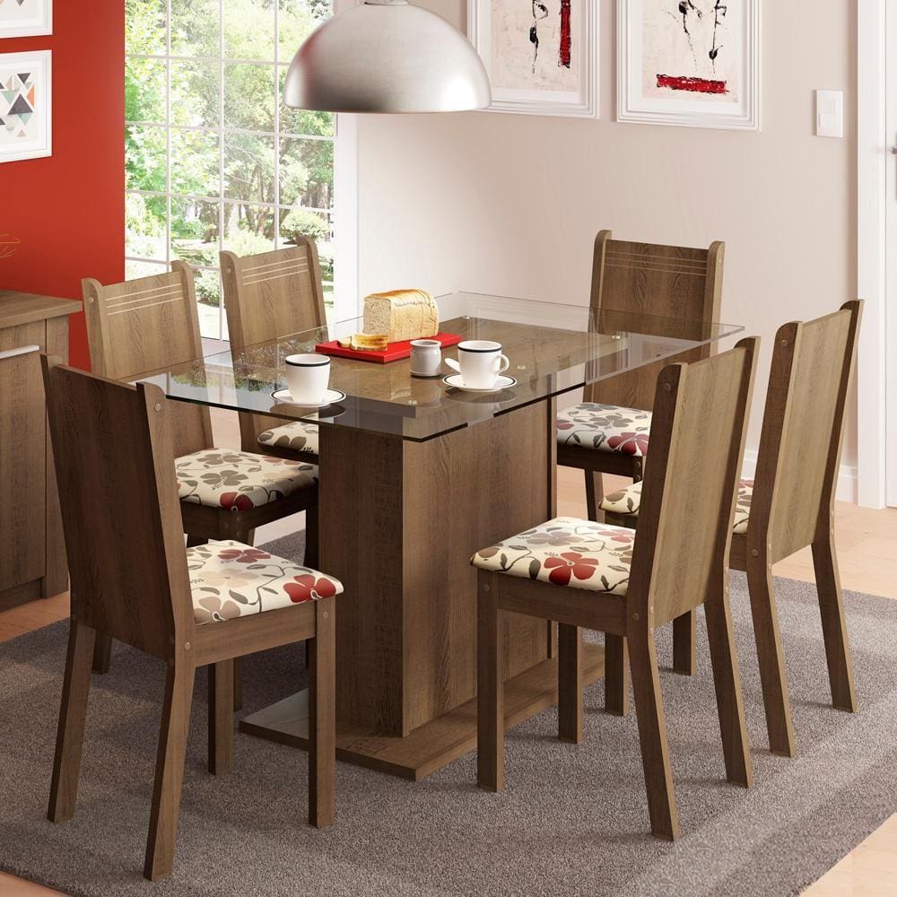Conjunto Sala de Jantar Madesa Gales Mesa Tampo de Vidro com 6 Cadeiras