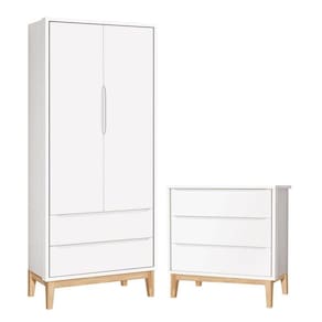 Cômoda Gaveteiro e Guarda Roupa Infantil 2 Portas New Classic - com Pés Madeira Natural