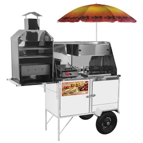 Carrinho de Hot Dog + Lanche + Churrasco Luxo com Rodas Pneumáticas e Guarda Sol - Cefaz