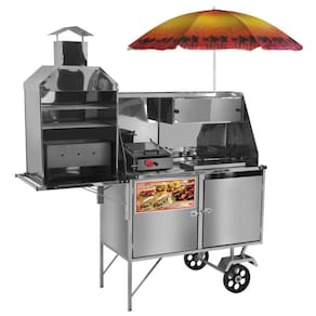 Carrinho de Hot Dog + Lanche + Churrasco Luxo com Rodas Maciças e Guarda Sol - Cefaz