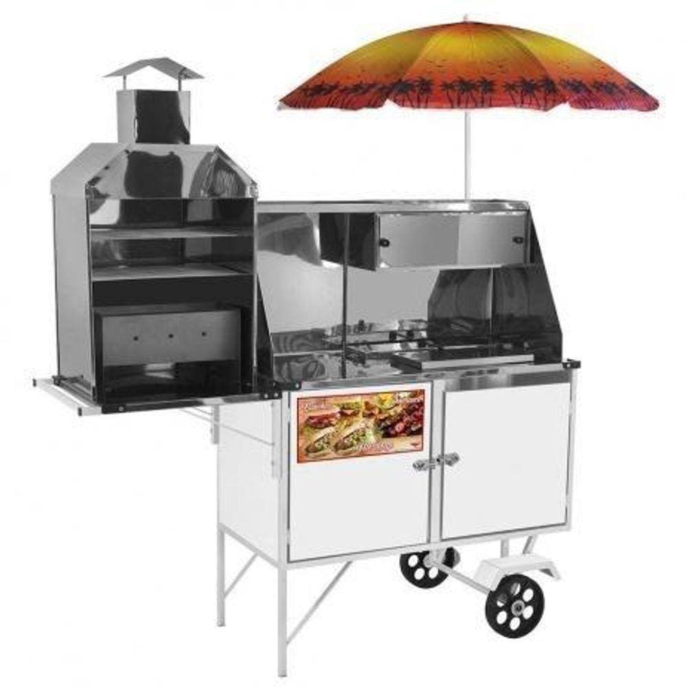 Carrinho de Hot Dog + Lanche + Churrasco Luxo com Rodas Maciças e Guarda Sol - Cefaz