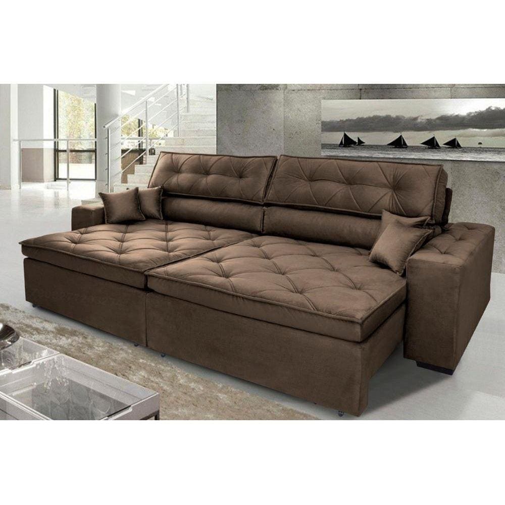 Sofá Austin 2,82m Retrátil, Reclinável com Molas no Assento e Almofadas, Tecido Suede Café