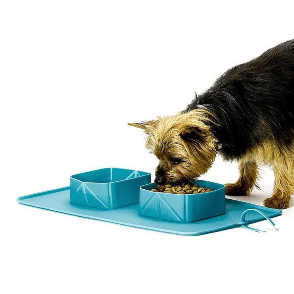 Tapete Silicone Pote Duplo Comedouro Bebedouro Pet Cachorro Gato Viagem