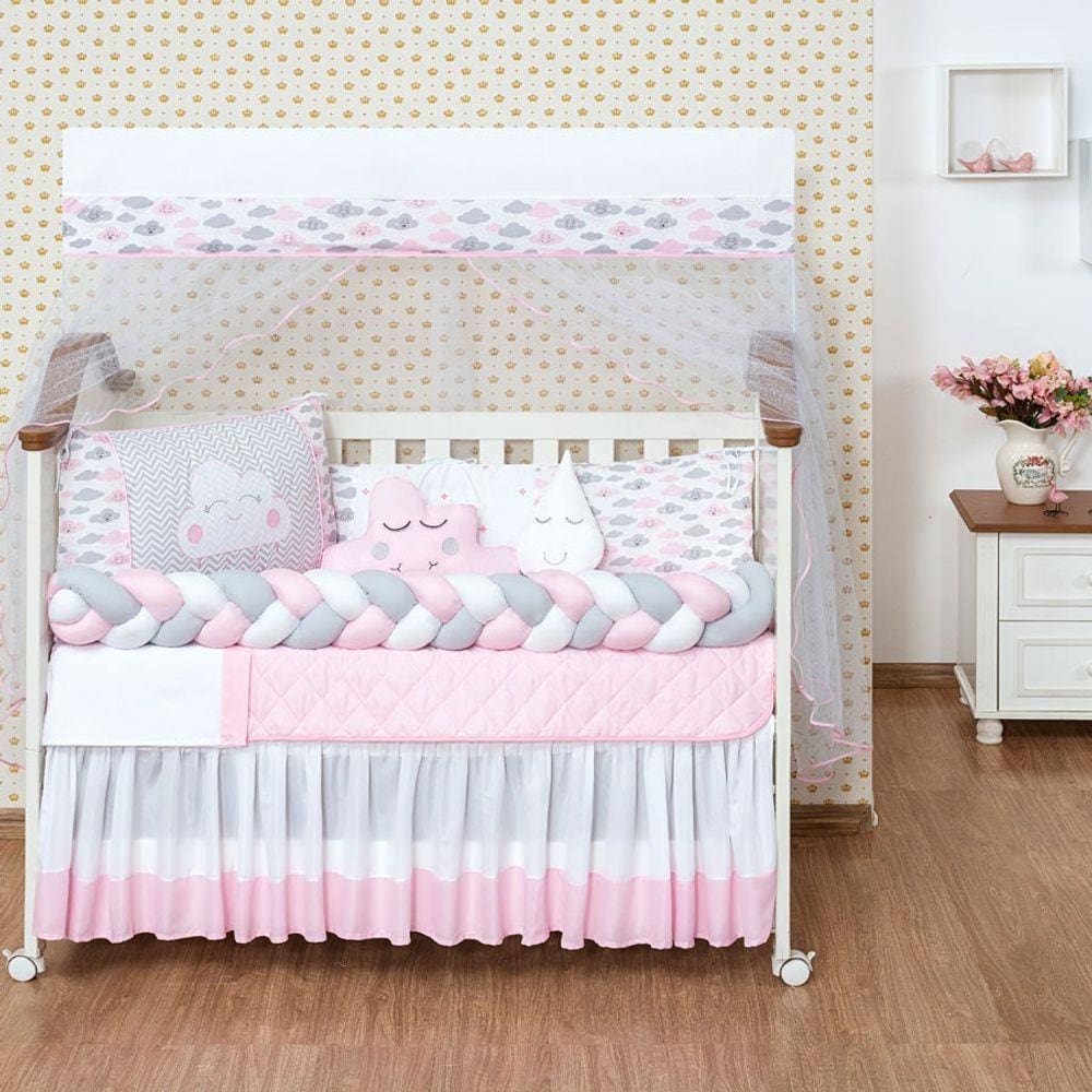 Kit Protetor Berço Americano Menina Nuvem Trança E Saia Rosa