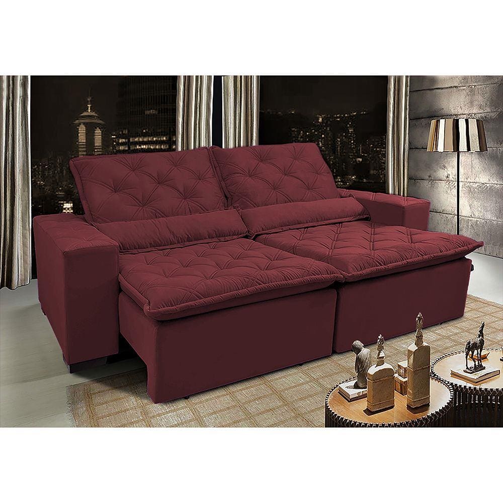 Sofá Lisboa 2,52m Retrátil, Reclinável com Molas no Assento Tecido Suede Velusoft Vinho - Cama InBox