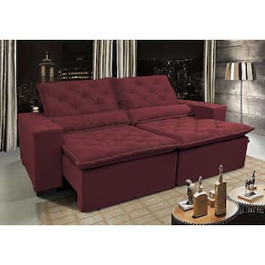 Sofá Lisboa 3,12m Retrátil, Reclinável com Molas no Assento Tecido Suede Velusoft Vinho - Cama InBox