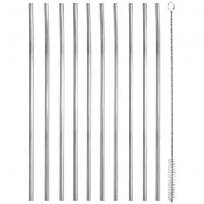 Kit 10 Canudos Inox Sustentável Reto 6Mm Escovinha 21,5Cm