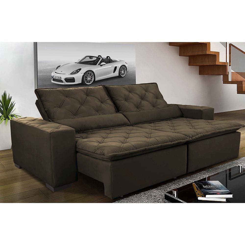 Sofá Magnum 2,82m Retrátil, Reclinável com Molas no Assento e Almofadas Lombar Tecido Suede Velusoft Café - Cama InBox