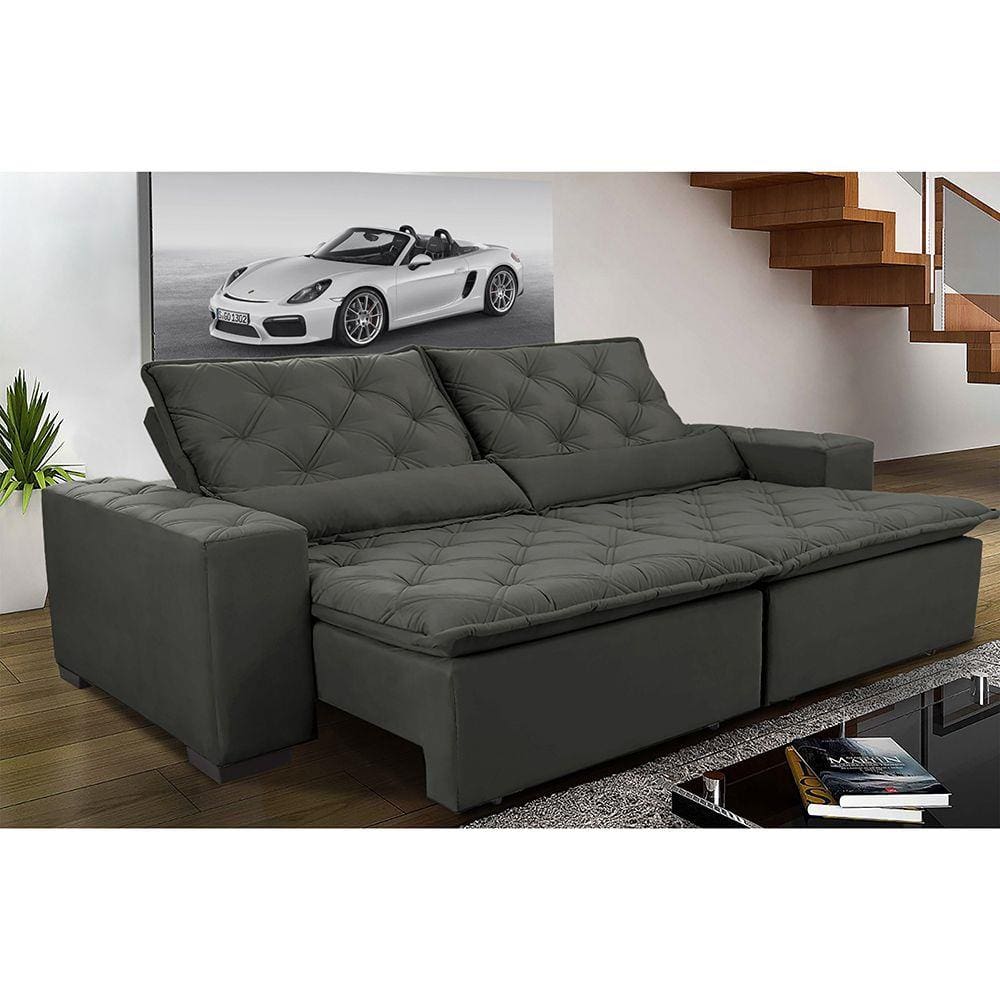 Sofá Magnum 2,02m Retrátil, Reclinável com Molas no Assento e Almofadas Lombar Tecido Suede Velusoft Grafite - Cama InBox