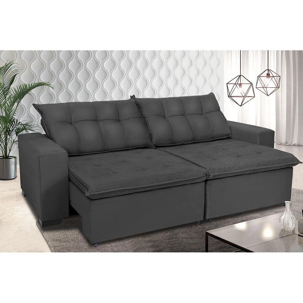 Sofá Retrátil e Reclinavel Oklahoma 2,12 Mts Com Molas e Pillow no Assento Tecido Suede Cinza - Cama InBox
