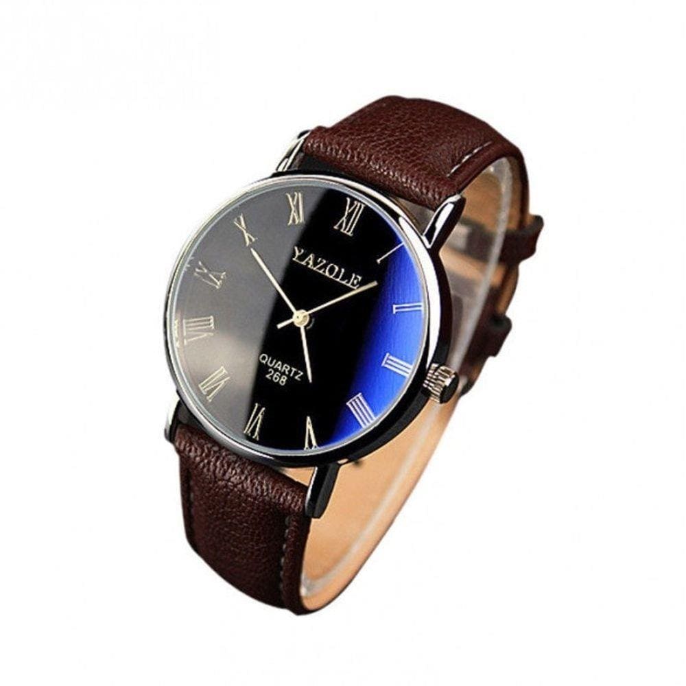Relógio Masculino Yazole 268 Pulseira Marrom Fundo Azulado Quartzo