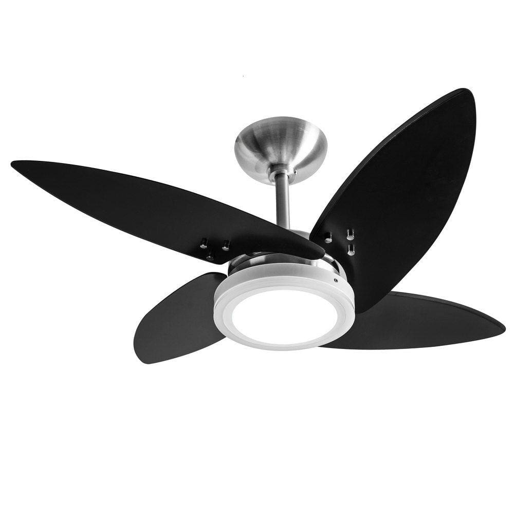 Ventilador de teto 4 pás em mdf pretas com luminária Led alumínio escovado