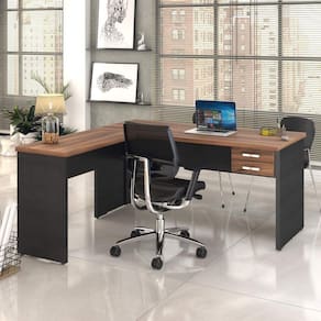 Mesa de Escritório em L 1,60x1,60m com 2 Gavetas Work30 Compace Nogal/Preto Ônix