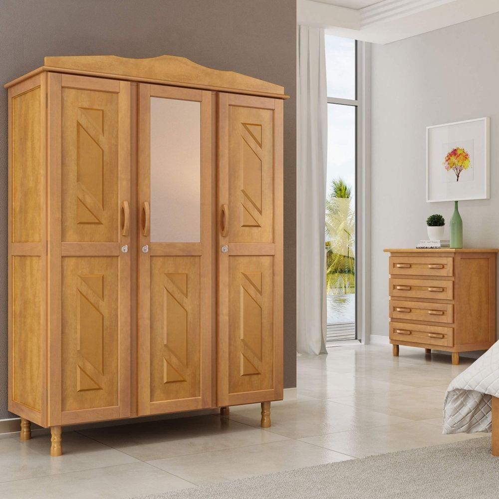 Conjunto Guarda Roupa Casal 3 Portas com Espelho e Cômoda 4 Gavetas Móveis Cavazotto Mel