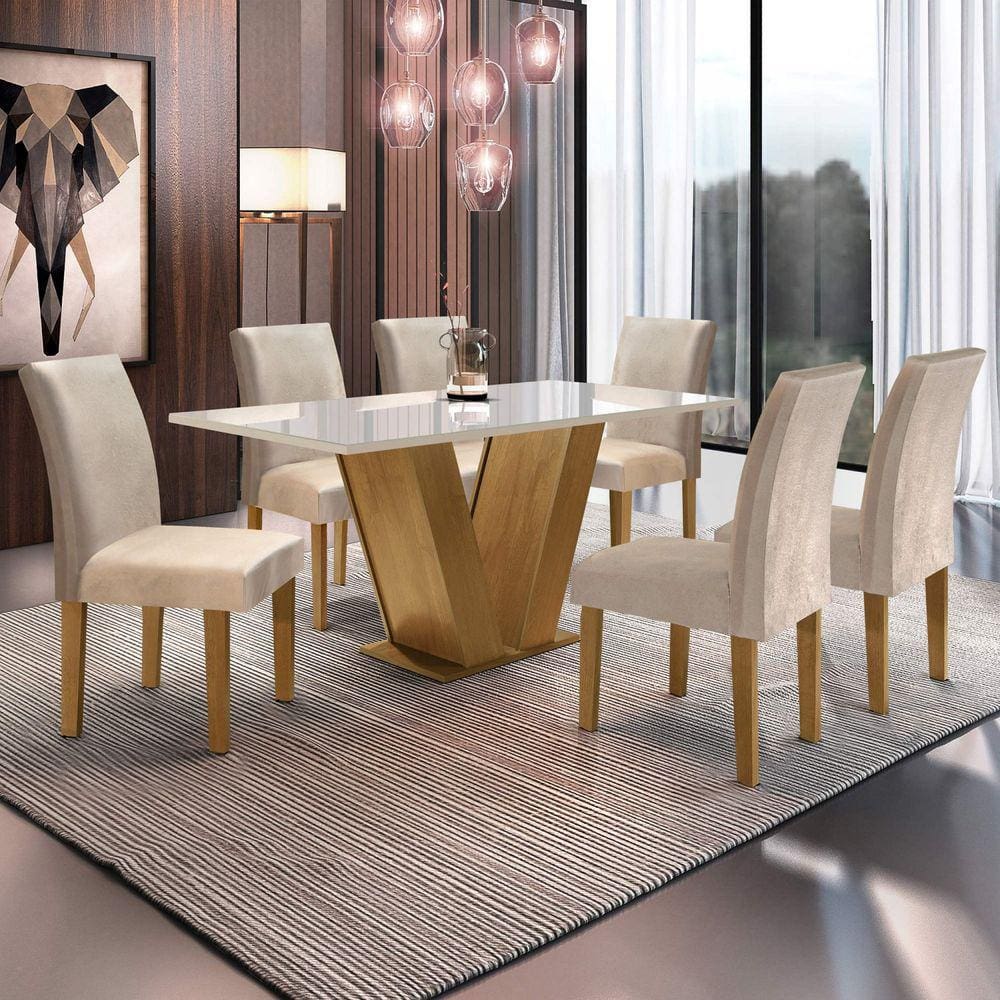 Conjunto Sala de Jantar Mesa Tampo de Vidro 6 Cadeiras Espanha Yescasa Ypê