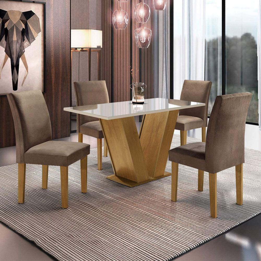 Conjunto Sala de Jantar Mesa Tampo de Vidro 4 Cadeiras Espanha Yescasa Ypê/Suede Marrom
