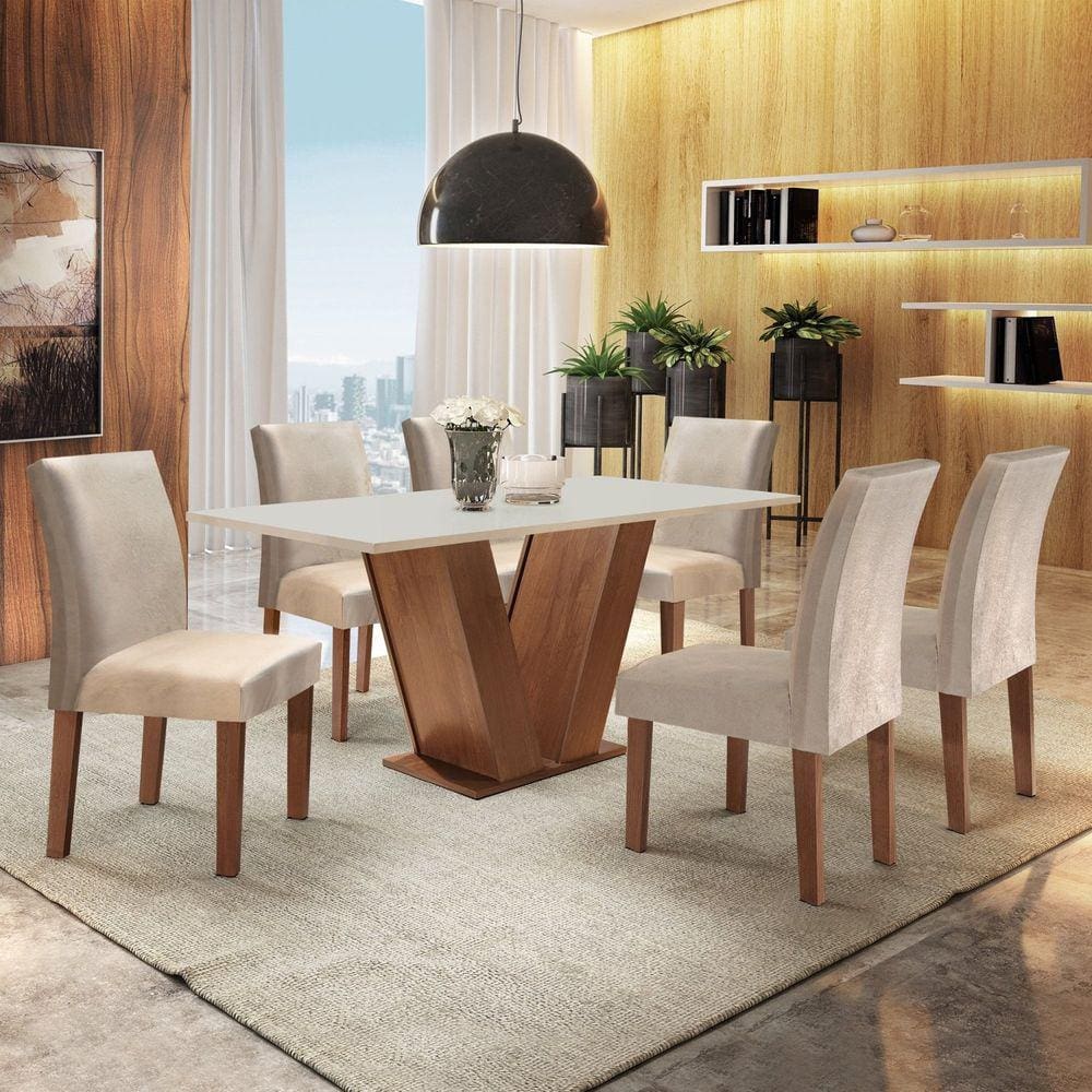 Conjunto Sala de Jantar Mesa Tampo MDF 6 Cadeiras Espanha Yescasa Chocolate/Off White/Tecido Pena Yescasa