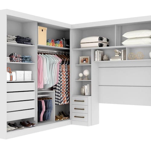 imagem-Guarda Roupa Casal com Cabeceira Queen 4 Portas de Correr 3 Gavetas Florença Espresso Móveis  - Branco